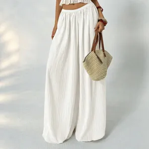 White pleated high waist wide leg pants for women casual loose drape elastic trousers