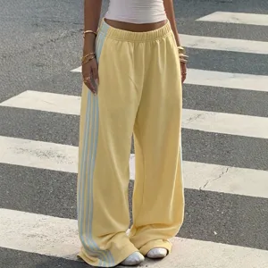 Women's American Style Loose Fit Floor-Length Wide Leg Sweatpants Side Stripe Contrast Drawstring Casual Sporty Bottoms Retro Joggers