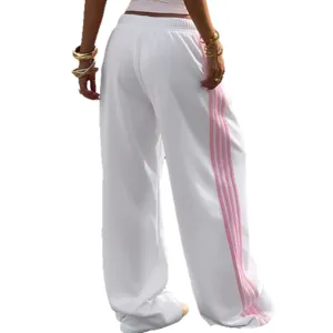 Women's Casual Loose Sweats Pants White Knit Pink Side Striped Wide Leg Trousers