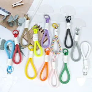 Colorful woven phone lanyard strap wristlet keychain with clear tether tab detail view