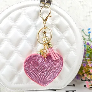 Porte-clés cœur strass rose avec pompon fermoir métal charm de sac charmant cadeau accessoire