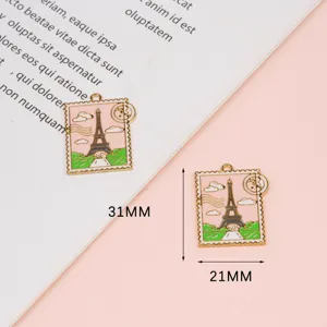 Eiffel Tower stamp metal charm detail showing size 31x21mm for DIY jewelry making.