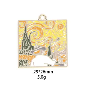 Van Gogh starry night style enamel alloy pendant DIY jewelry accessory square charm.