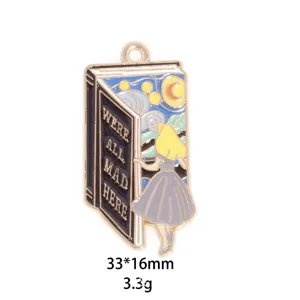 DIY enamel alloy book pendant with starry night design and quote, 33x16mm jewelry making charm.