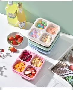 Tarwestrooi 4-compartiment snackbox met doorzichtige deksel, gedroogd fruit schaal en voedselcontainer.