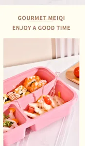 Boite a bento en paille de ble trois compartiments avec couvercle et fourchettes.