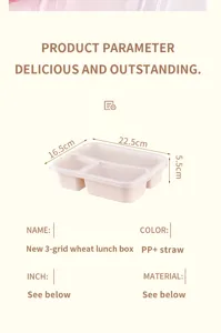 Boîte bento carrée en paille de blé à 3 compartiments avec couvercle pour repas d'école.