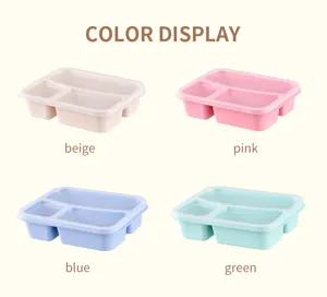 Boite a bento en paille de ble detail a trois compartiments avec quatre coloris.