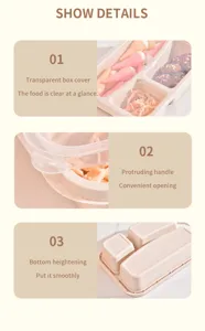 Vue détaillée de la boîte à bento à trois compartiments en paille de blé avec couvercle.