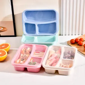 Boîte à Bento en Paille de Blé 3 Compartiments Boîte à Repas Avec Couvercle Carré Contenant de Stockage pour École Bureau