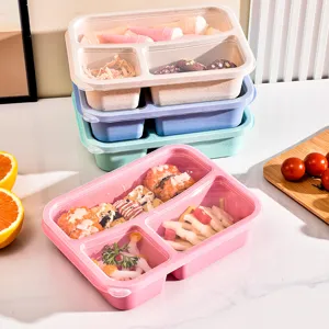 Boite bento en paille de ble 3 compartiments boite a dejeuner avec couvercle fruits