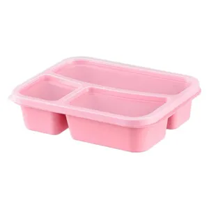 Boîte à bento rose en paille de blé à 3 compartiments avec couvercle pour école.