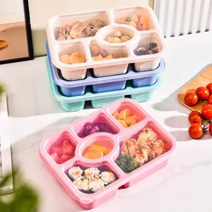 Wheat straw 6-compartment bento lunch box with lid, eco-friendly food storage container.