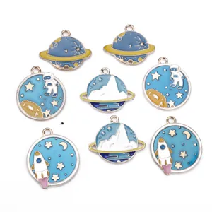 Space theme alloy enamel charms set, cute astronaut and planet pendants for DIY jewelry making.