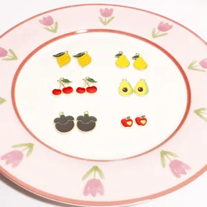 Alloy Enamel Fruit Charms DIY Jewelry Making Accessories Cherry Lemon Avocado Pear Apple Eggplant Pendant Craft Supply