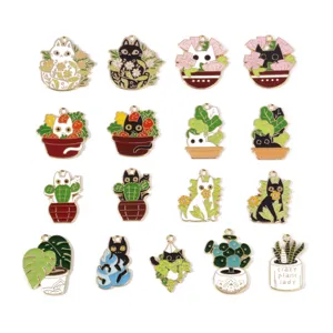 Alloy Cat and Plant Enamel Drip Oil Pendants DIY Handmade Jewelry Making Accessories Necklace Keyring Charms