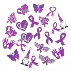 Zinc Alloy Purple Ribbon Awareness Pendant DIY Charm Enamel Heart Butterfly Boxing Glove Jewelry Making Accessories