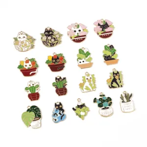 DIY cat plant enamel charms set, cute black white kitty alloy pendants for handmade jewelry crafts.