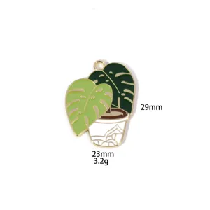 Monstera plant potted alloy pendant enamel charm diy necklace accessories green leaf 29mm