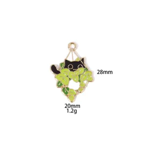 Black cat green leaves metal pendant charm for DIY handmade necklaces and keychains accessories