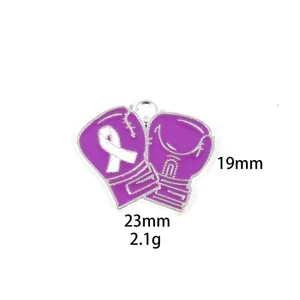 Detail view of purple boxing glove metal charm pendant, showing clear size and weight specs.
