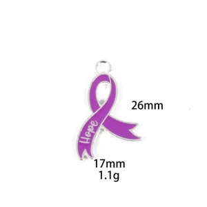 Purple ribbon pendant detail shot, zinc alloy charm, awareness jewelry accessory component.