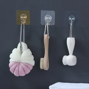 Punch Free Seamless Adhesive Wall Hook Heavy Duty Clear Plastic Utility Hanger For Kitchen Bathroom Home Organization