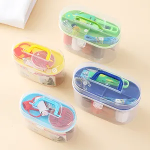 Portable mini sewing kit box with various colored handles, ideal for household DIY and travel repairs.