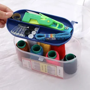 Portable multi-functional sewing kit with storage box, colorful threads and essential tools.