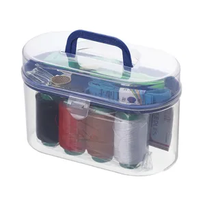 Portable clear plastic sewing box set with multi-color threads, tape measure, and tools.