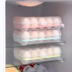 Transparent plastic 15-grid egg storage box for refrigerator fresh keeping and kitchen organization.