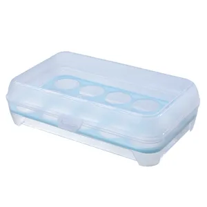 Clear plastic 15-grid egg storage box container with blue tray for kitchen refrigerator.