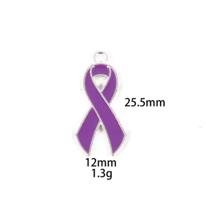 Purple ribbon enamel charm pendant detail view, showing exact size parameters for jewelry.