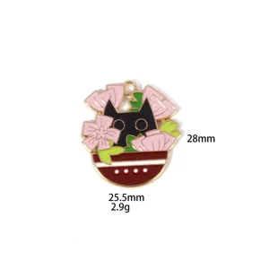 Cute black cat flower pot enamel charm alloy DIY pendant necklace jewelry accessories