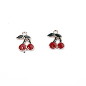 Pair of cute red enamel cherry alloy charms pendants for DIY jewelry making accessories.