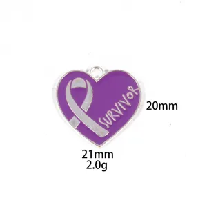 Purple ribbon heart pendant zinc alloy survivor charm necklace keychain accessory 20x21mm
