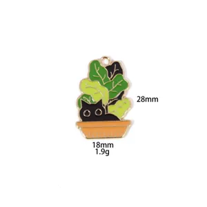 Close-up detail of the cute black cat and potted plant enamel metal charm pendant accessory.