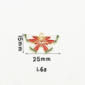 Vue detaillee du pendentif papillon en alliage DIY emaille rouge blanc vert 25x15mm
