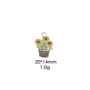 Enamel sunflower pot pendant detail view, compact size 20x14mm, ideal for DIY crafts.