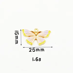 Pendentif papillon en alliage dore emaille rose et jaune pour accessoires de bijoux DIY.