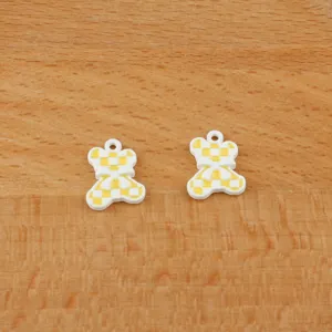 Cute yellow and white checkered bear charm pendant for DIY bracelets and keychain making.