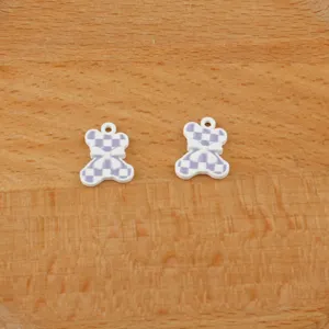 Cute purple checkerboard bear charms for DIY jewelry making, bracelet and keychain accessories.