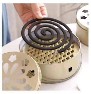 Detalle del soporte para espirales de mosquitos de acero inoxidable con tapa y púas.