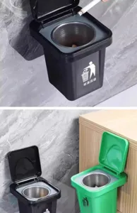 Posacenere e cestino da parete con inserto in acciaio inossidabile e dettaglio.