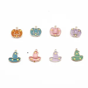 Halloween alloy charms detail, cute pumpkin and magic hat pendants for DIY jewelry making.