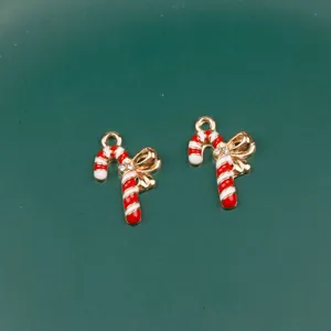 Christmas candy cane charms alloy red white enamel rhinestone bow jewelry DIY making