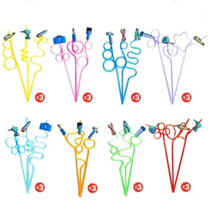 Cartoon tool shaped crazy loop drinking straws set, colorful party drink decoration items.