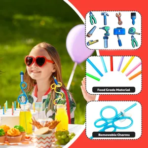 Kids cartoon tool shape drinking straws with removable charms for party drinks and fun table decor.