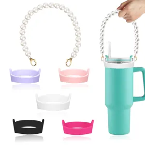 Water Bottle Handle Chain And Silicone Sleeve Set Artificial Pearl Strap Portable Anti Slip Cover For Tumbler Cup