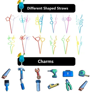 Colorful shaped drinking straws and cute tool theme charms for party and beverage decor.